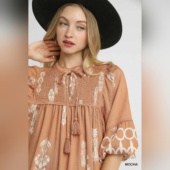 Umgee Boarder Print Tassel Tie Neck Mini Dress - Picture 4 of 5